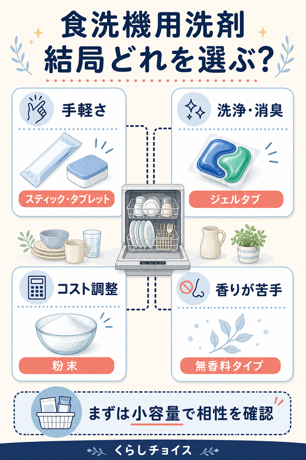 手軽さ・洗浄消臭・コスト・無香料から食洗機用洗剤を選ぶ図解