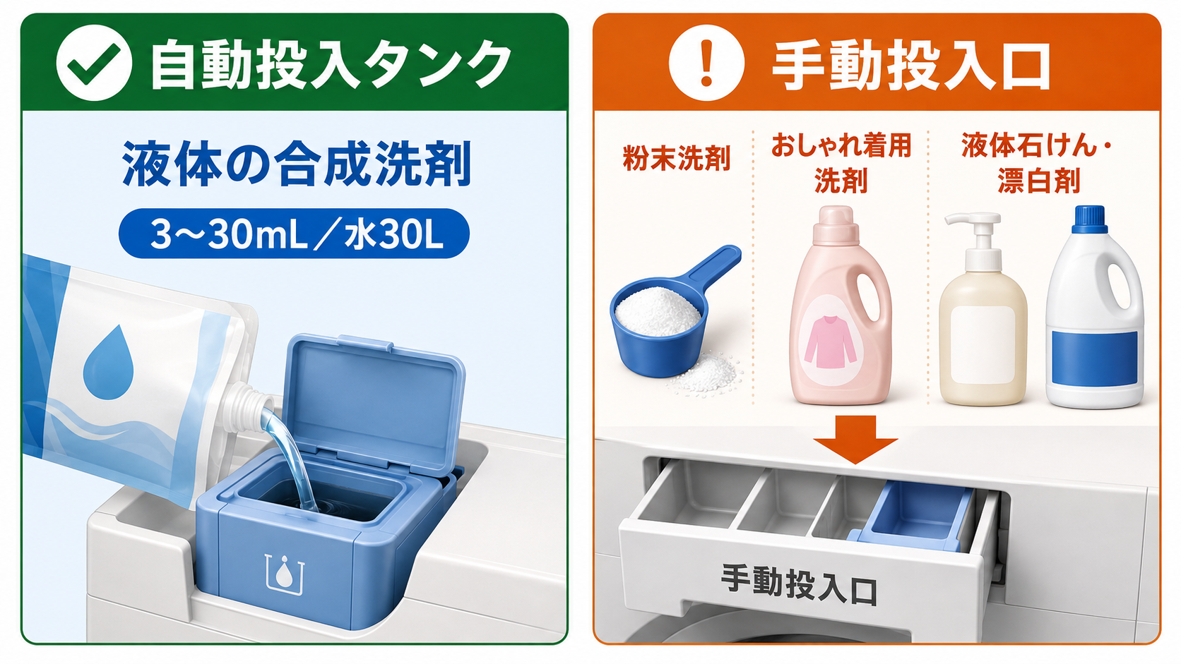 日立ビッグドラムで自動投入タンクに入れられる洗剤と手動投入口を使う洗剤の違い